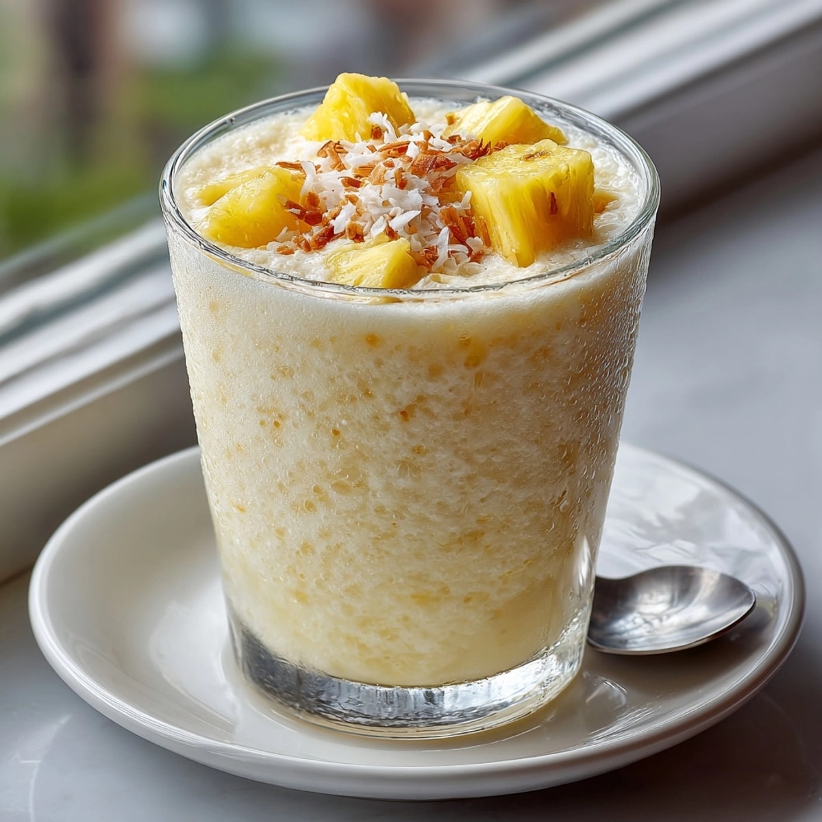 Tropical Pineapple Coconut Shake in a tall glass, creamy and frosty with fresh fruit garnish.