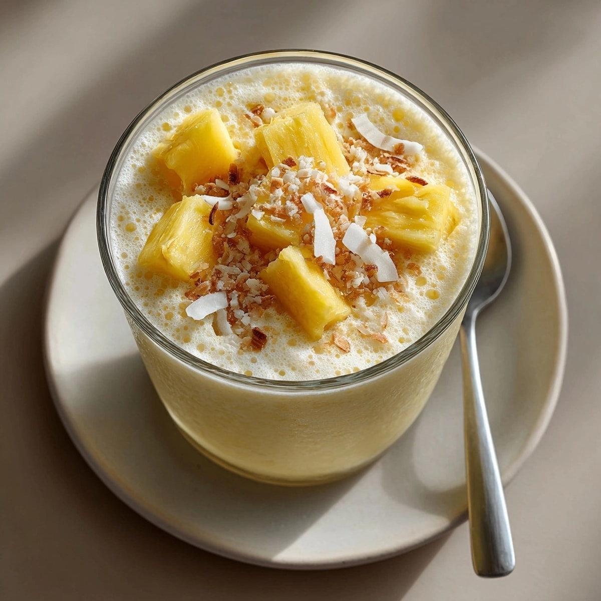 Close-up of a tropical pineapple coconut shake, topped with shredded coconut and vibrant pineapple slices.