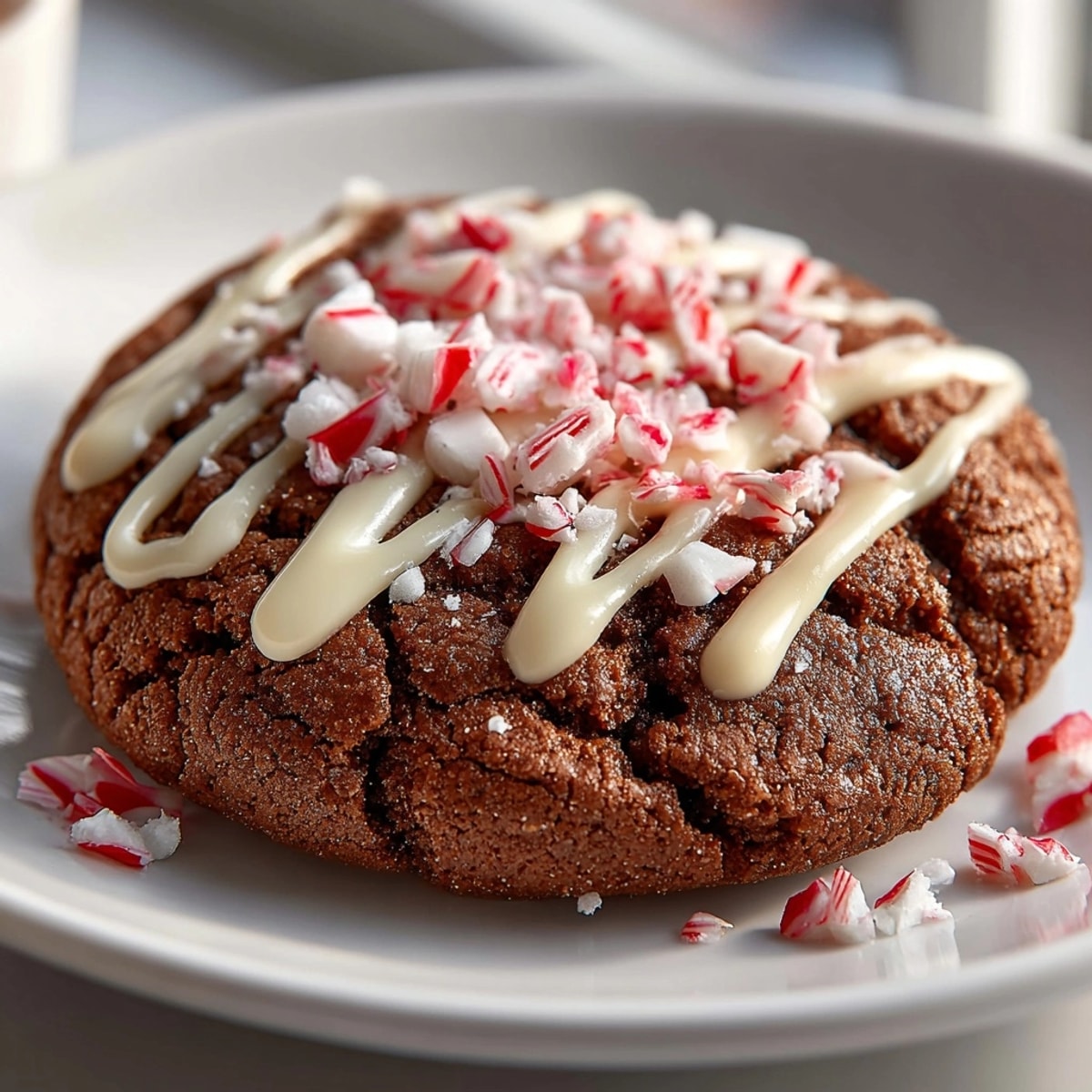 Freshly baked chocolate peppermint bark cookies with white chocolate drizzle and sparkling candy cane topping.