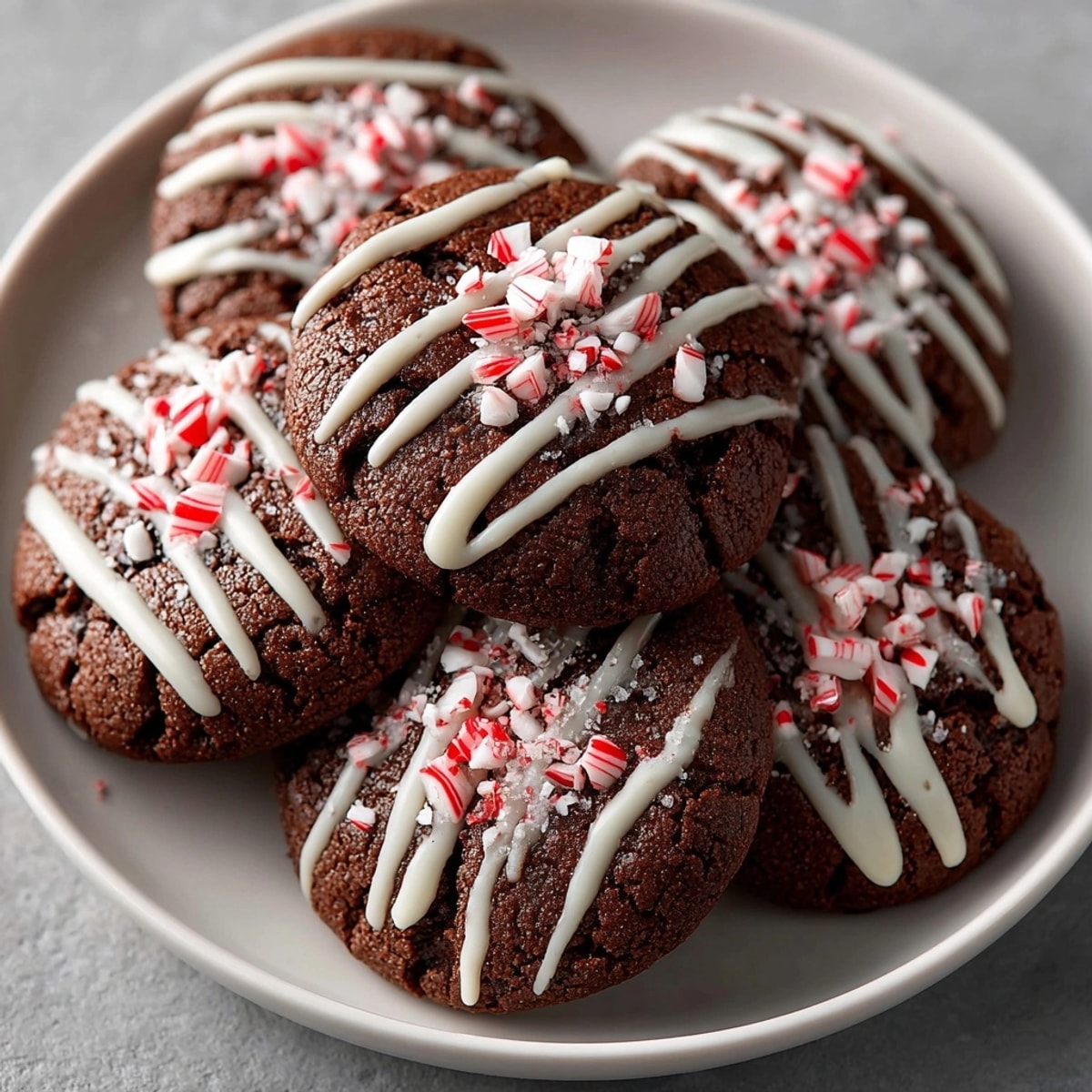 Festive chocolate peppermint bark cookies served with cracked candy cane and creamy white chocolate finish.