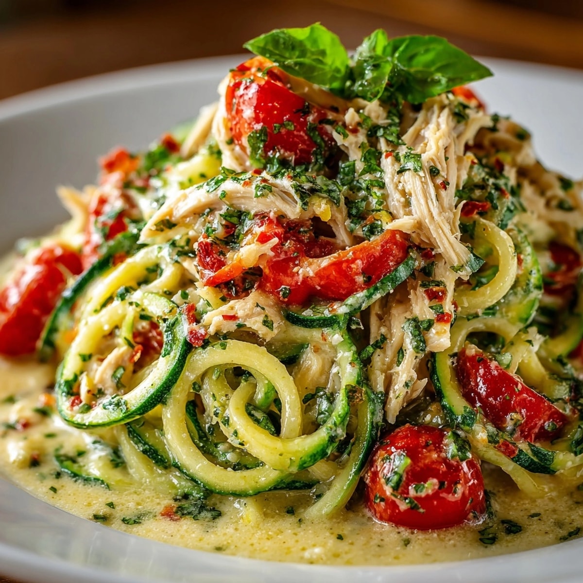 One-Pot Zucchini Noodle Alfredo topped with fresh basil, cherry tomatoes, and tender chicken.