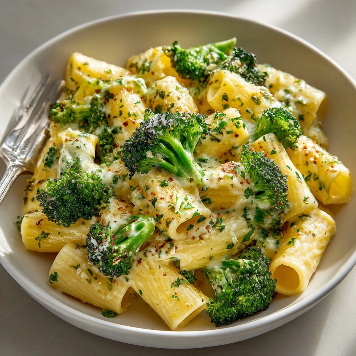 Creamy Broccoli White Bean Alfredo Vegan pasta garnished with fresh herbs and cracked pepper.