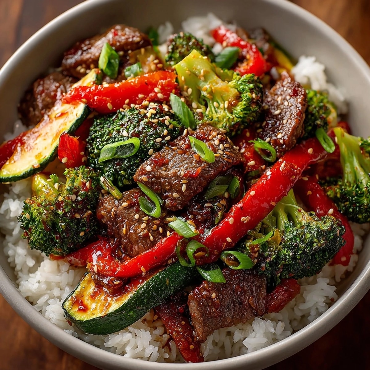Spicy Beef Veggie Stir-Fry plated over steamed rice, glistening with fiery, aromatic sauce.