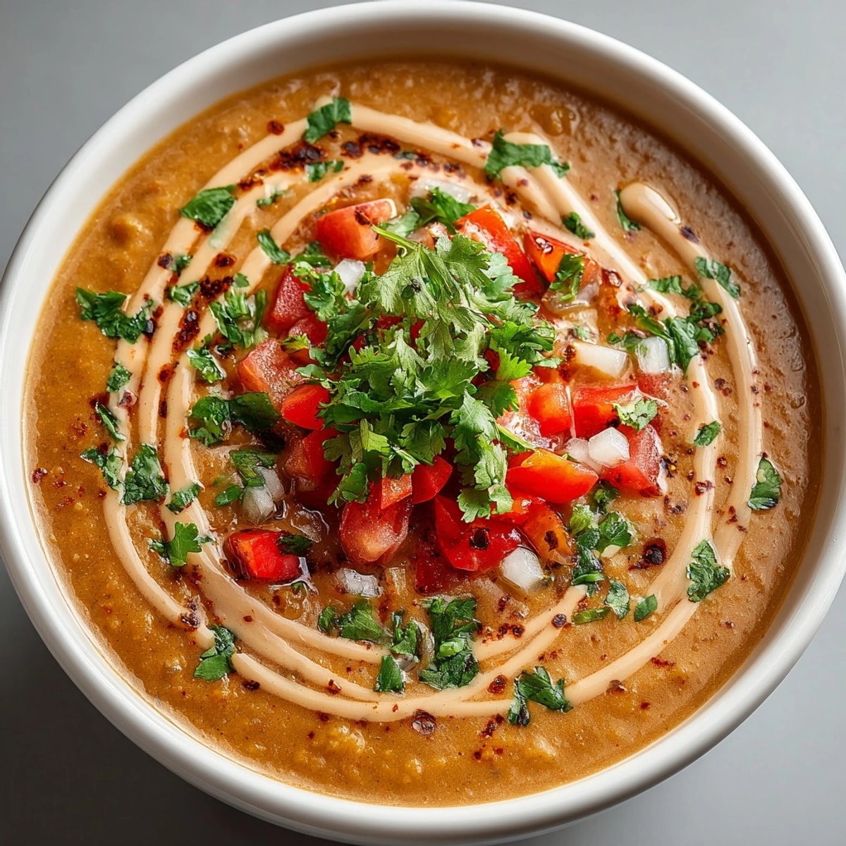 Thai Peanut Lentil Soup served in a bowl, topped with fresh cilantro garnish.