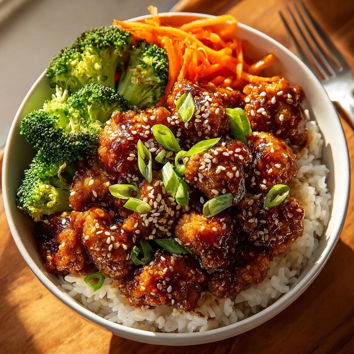 Teriyaki chicken rice bowl topped with glossy sauce, steamed broccoli, and shredded carrot.