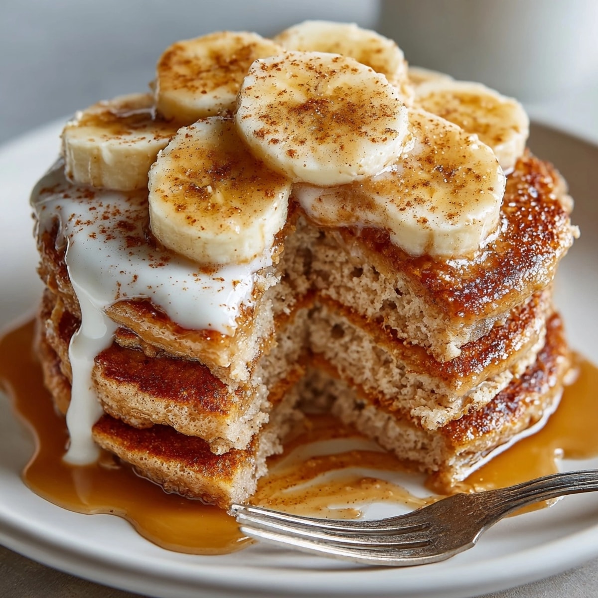 Golden-brown fitness protein pancakes stacked on a plate, topped with slices of banana.