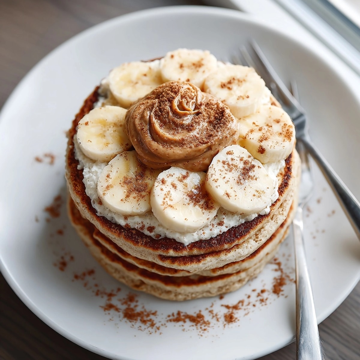 Fitness protein pancakes cooked to perfection, served warm with creamy nut butter drizzle.