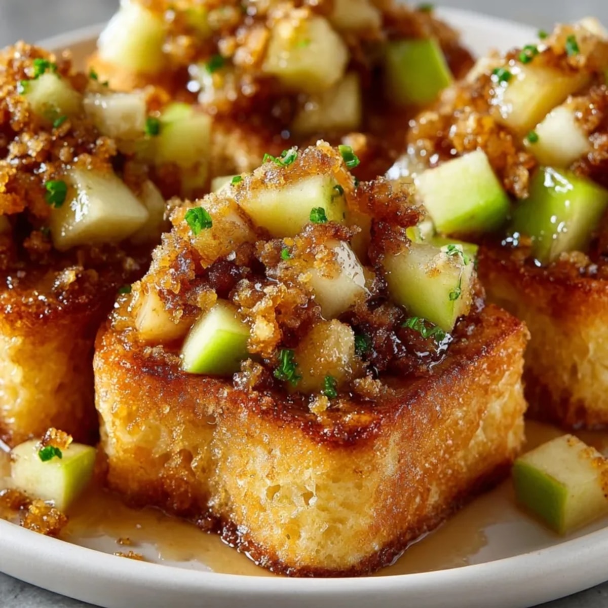 Golden, crisp Chaos Cinnamon-Apple Toast Bites topped with cinnamon apples and sweet sugar crumble.