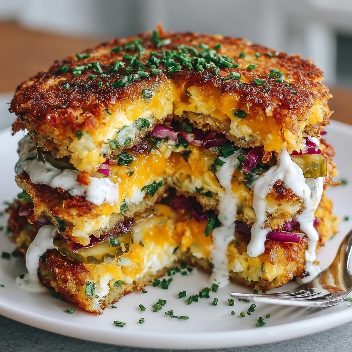 Golden hash-browns and melty cheese star in this vibrant Pickle-Fix Hash-Brown Egg Sliders photo.