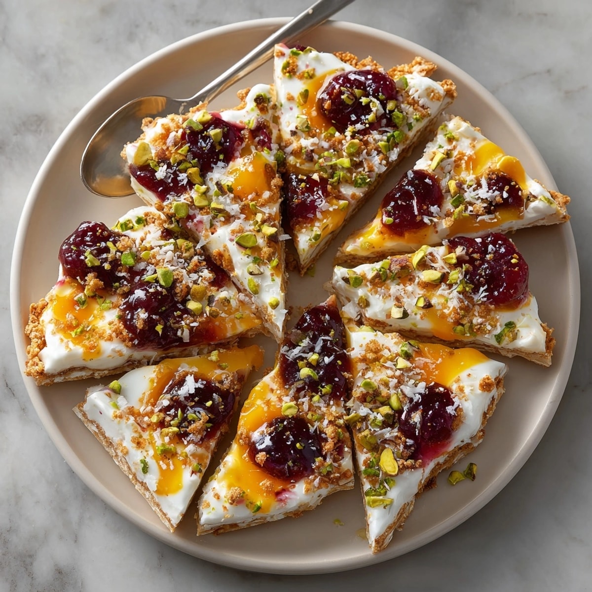 Vibrant, layered Cherry-Coded Sunrise Yogurt Bark includes cherries, a sunny fruit swirl, and crunchy cocoa crisps.