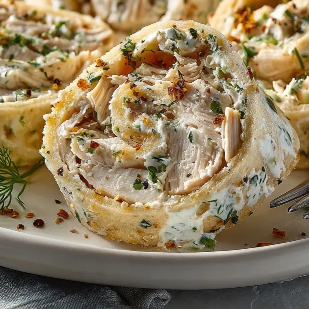Close-up of Dill Pickle Ranch Chicken Pinwheels, displaying savory filling in rolled tortillas, ready to serve.