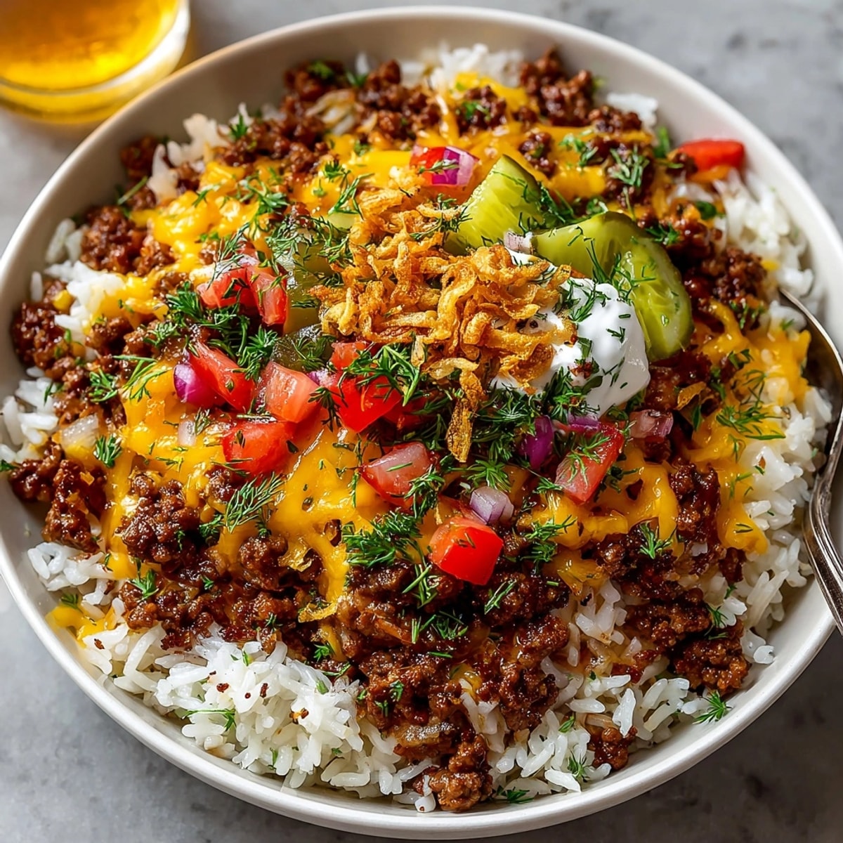 Golden melted cheddar blankets the cheeseburger rice skillet, topped with crunchy pickles for texture.