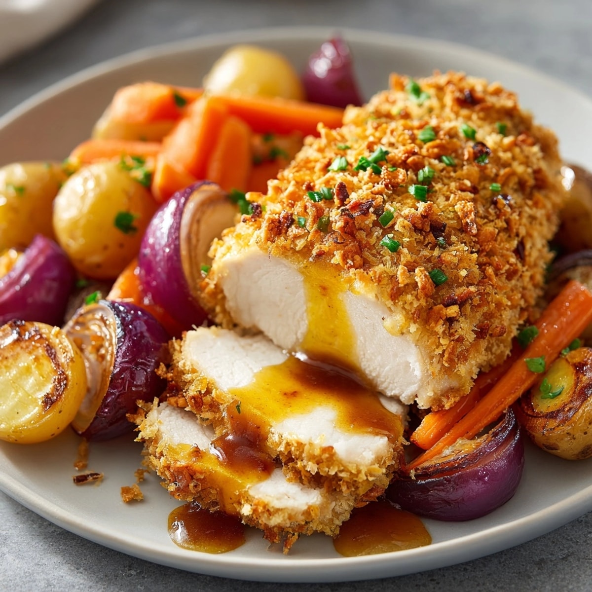 Golden, crispy pretzel-crusted sheet-pan chicken, roasted with colorful vegetables and drizzled with cherry mustard sauce.