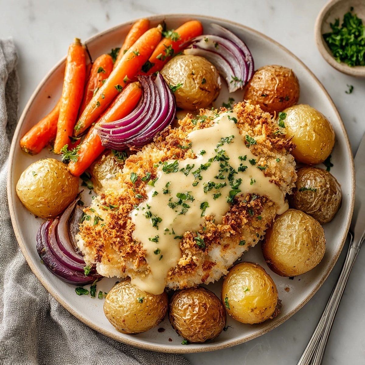 Close-up of the flavorful sheet-pan chicken, with a golden pretzel crust and cherry mustard, ready to eat.