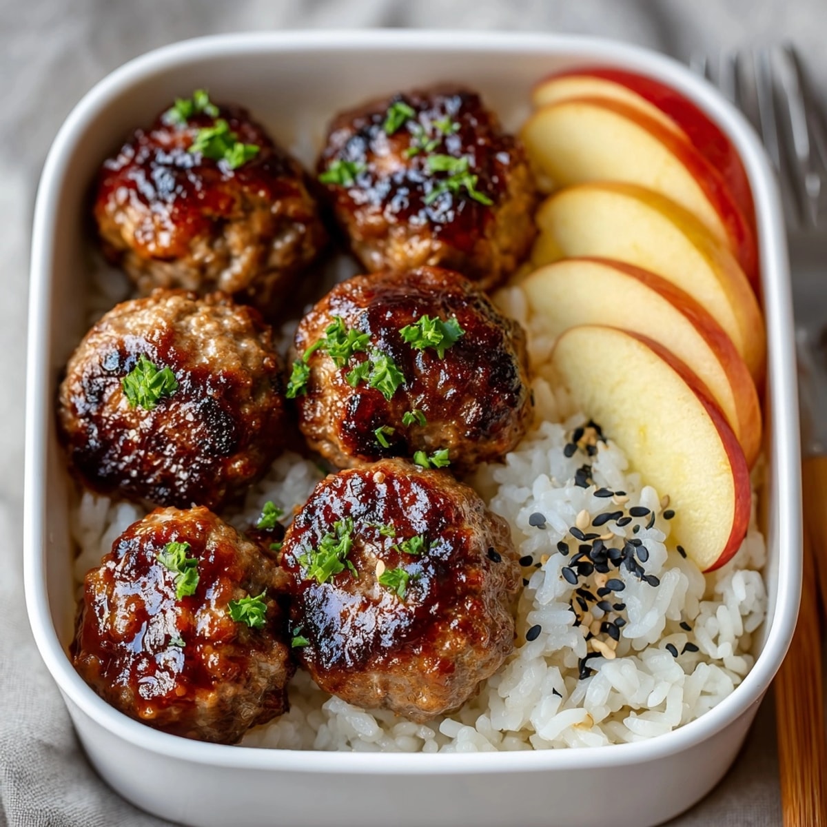 Cream soda BBQ meatball bento: a colorful lunch box featuring sweet and savory meatballs.