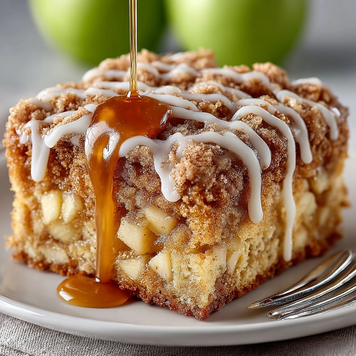 Warm Apple Cider Doughnut Chaos Bars with cinnamon streusel, a delightful fall dessert scene.