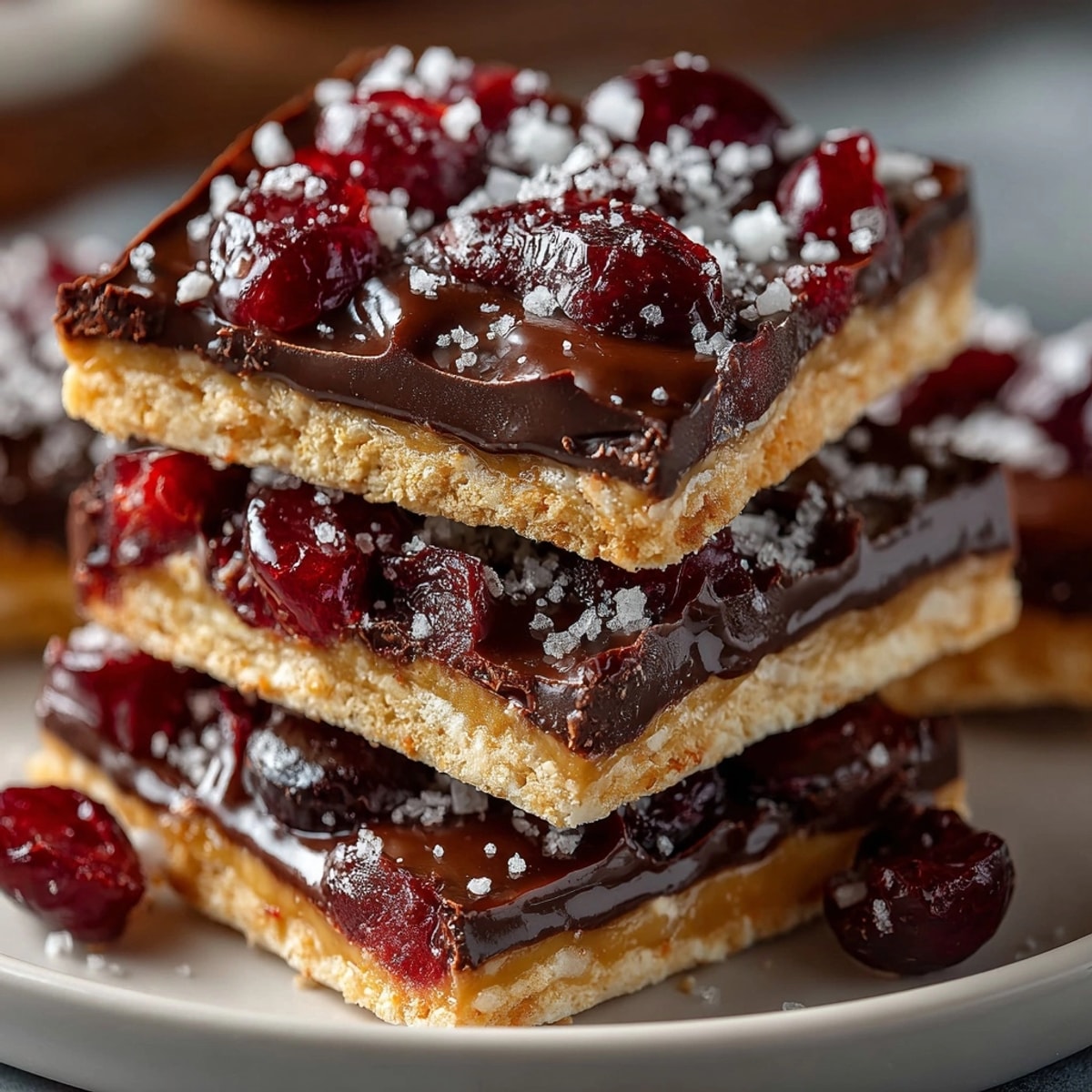 Golden, glistening Cherry-Coded Chocolate Toffee Saltine Crunch, a perfect sweet treat with a delicious, salty crunch.