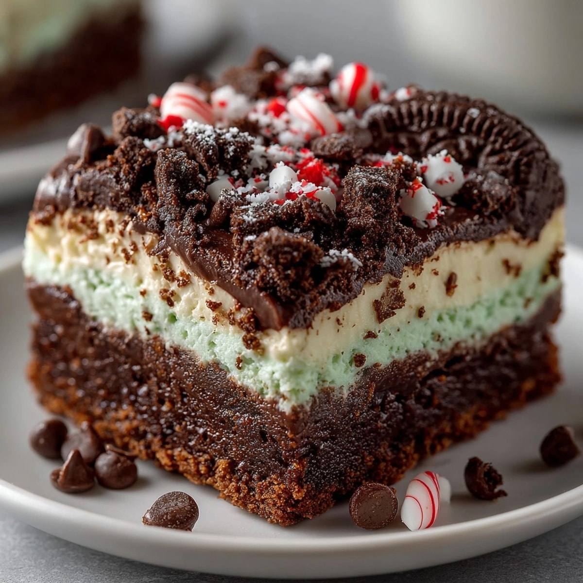 A visually appealing image of layered Chaos Cake Peppermint Cookie Crumble Squares, perfect for dessert.