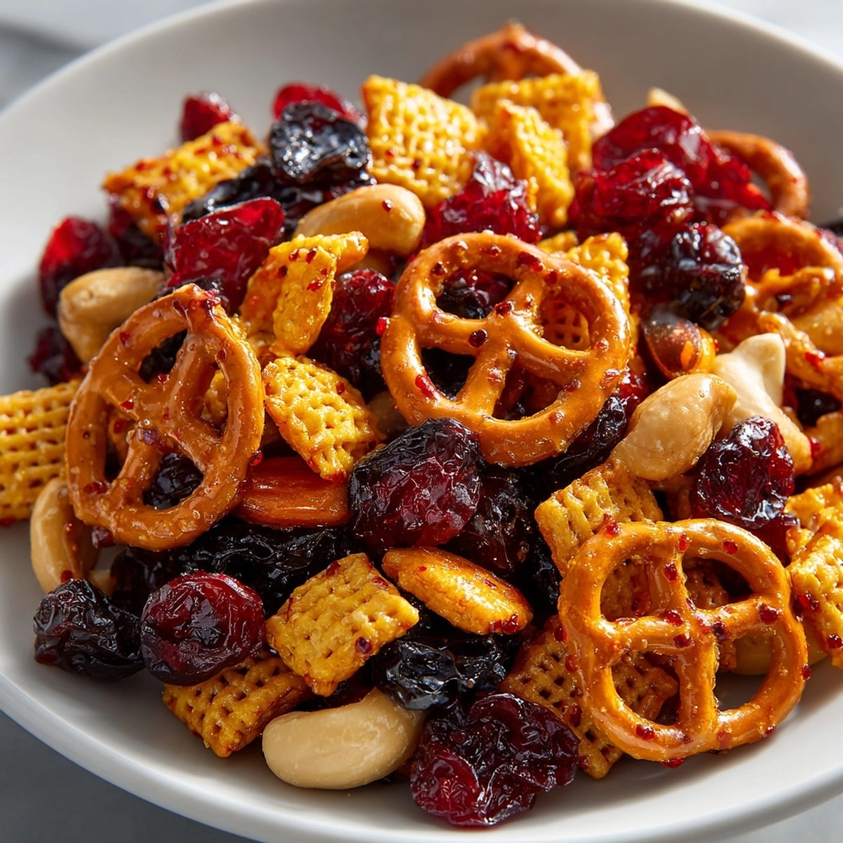 Golden, crunchy Cherry Hot-Honey Pretzel Snack Mix, a perfect sweet, spicy, and salty treat.