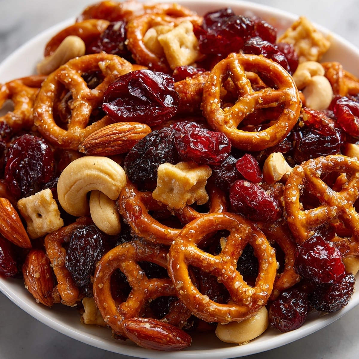 Close-up of Cherry Hot-Honey Pretzel Snack Mix showing glazed pretzels and vibrant cherries.