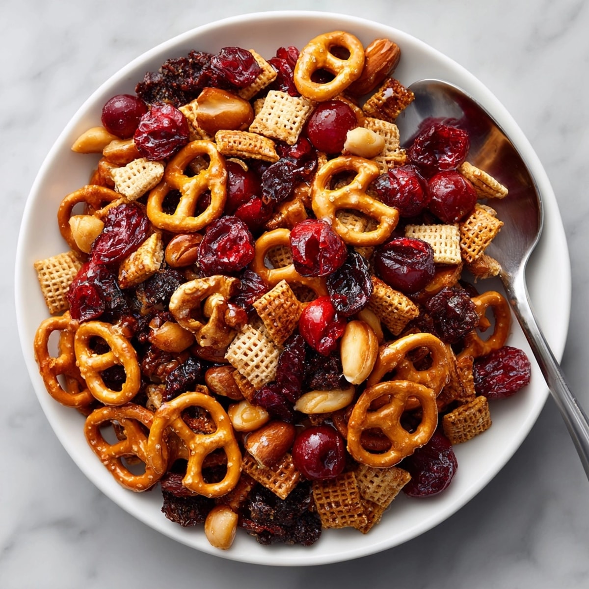 Homemade Cherry Hot-Honey Pretzel Snack Mix; a party-ready snack with a sweet and savory kick.