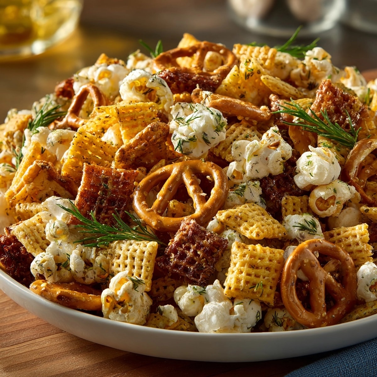 A close-up photo shows Dill Pickle Ranch Cracker-Pop Party Mix, a savory, snacky game day treat.