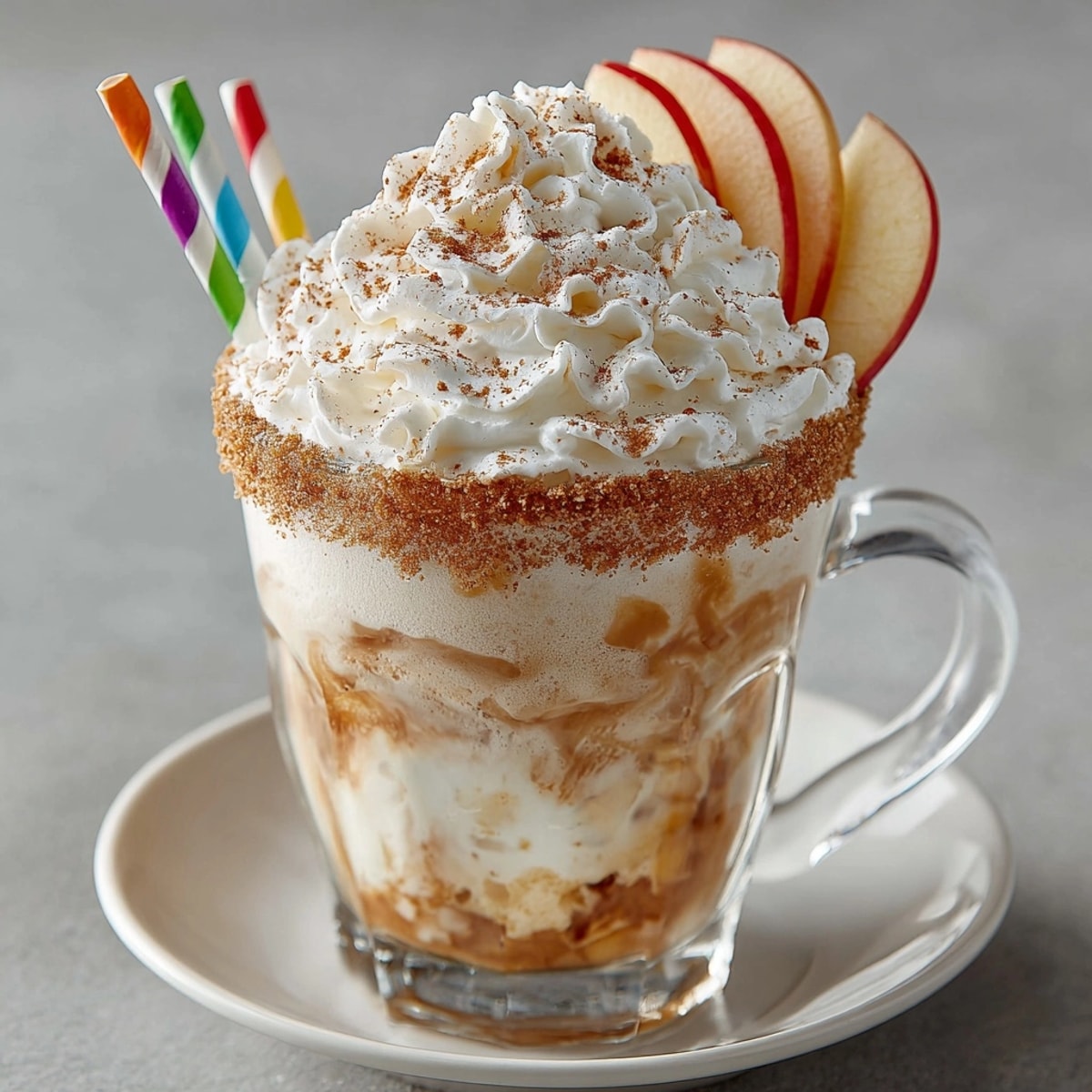 Cream Soda Spiced Apple Pie Float with cinnamon-sugar rim, ready to savor's spiced, bubbly delight.