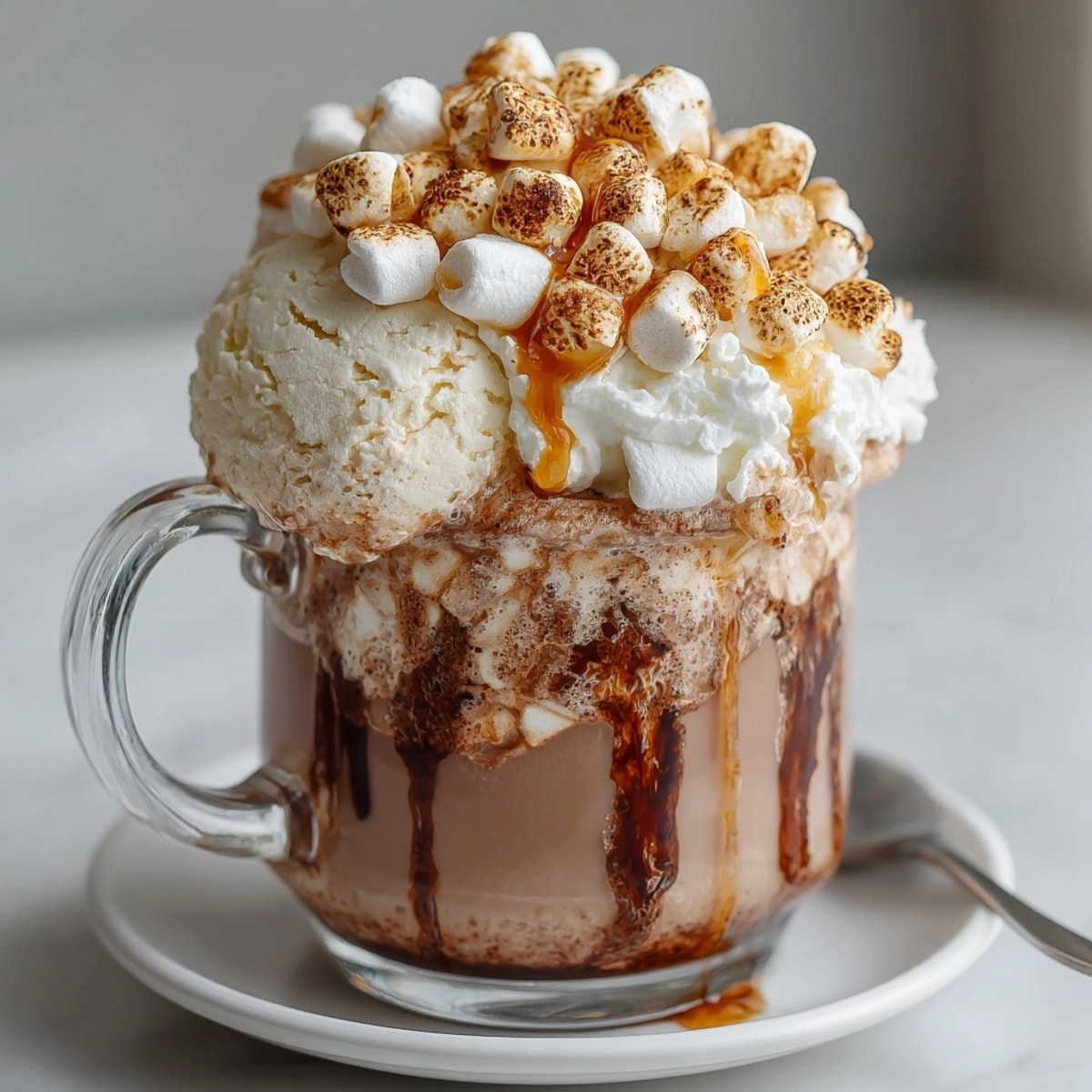 Fluffy toasted marshmallows crown a decadent Root Beer Marshmallow Peak Cocoa Float brimming with creamy cocoa.