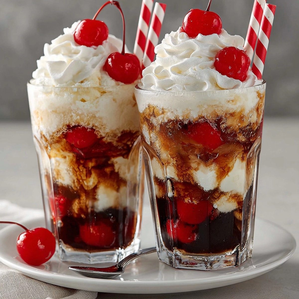 A tall glass of Rebel Float Cherry‑Cola Cream Fizz, topped with whipped cream and a cherry.