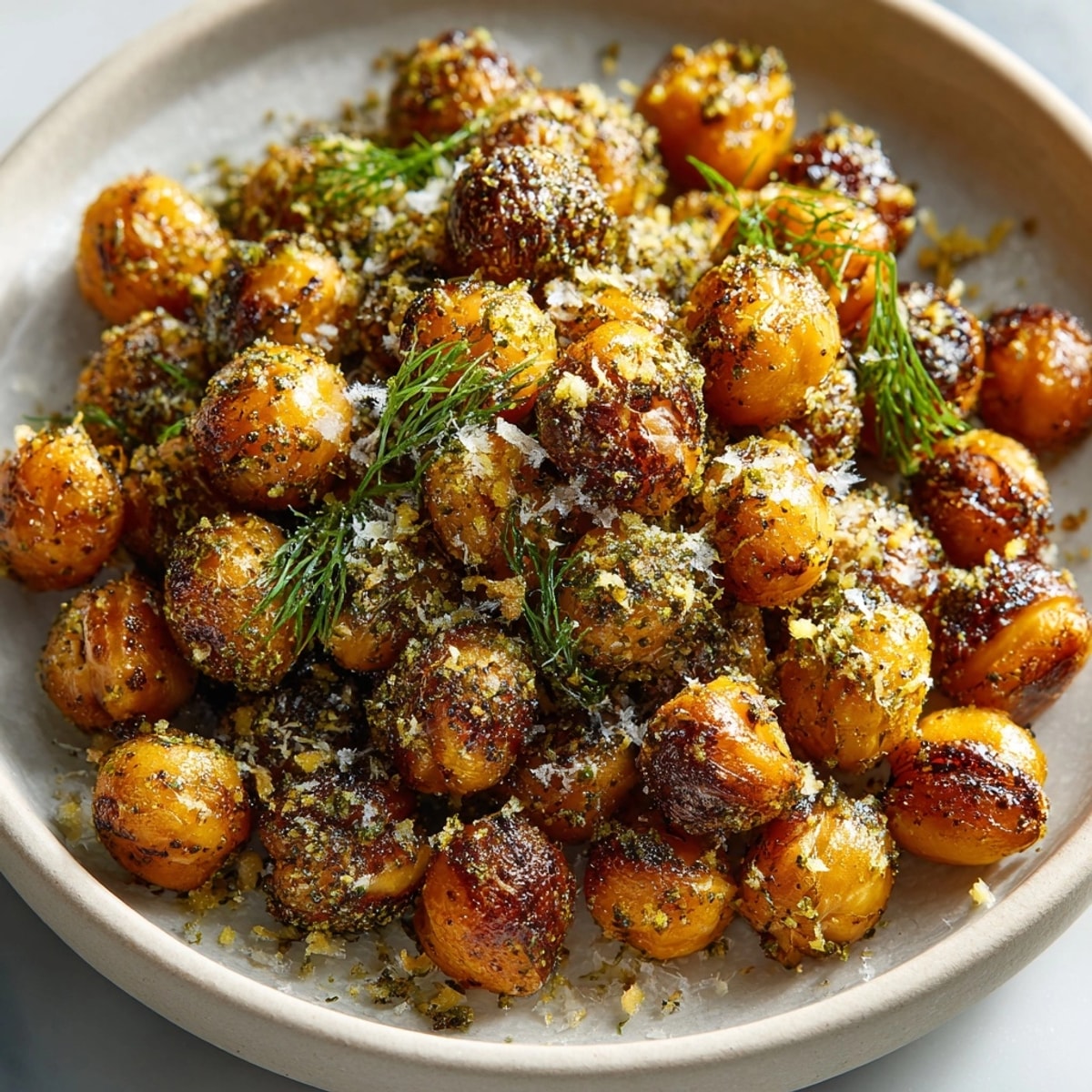 Golden, crispy Dill Pickle Dust Roasted Chickpeas, a flavorful and irresistibly snackable vegan treat.