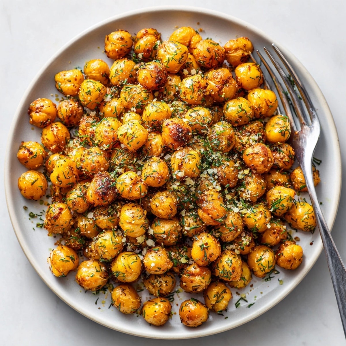 Close up of the savory, perfectly seasoned Dill Pickle Dust Roasted Chickpeas, ready to be enjoyed.