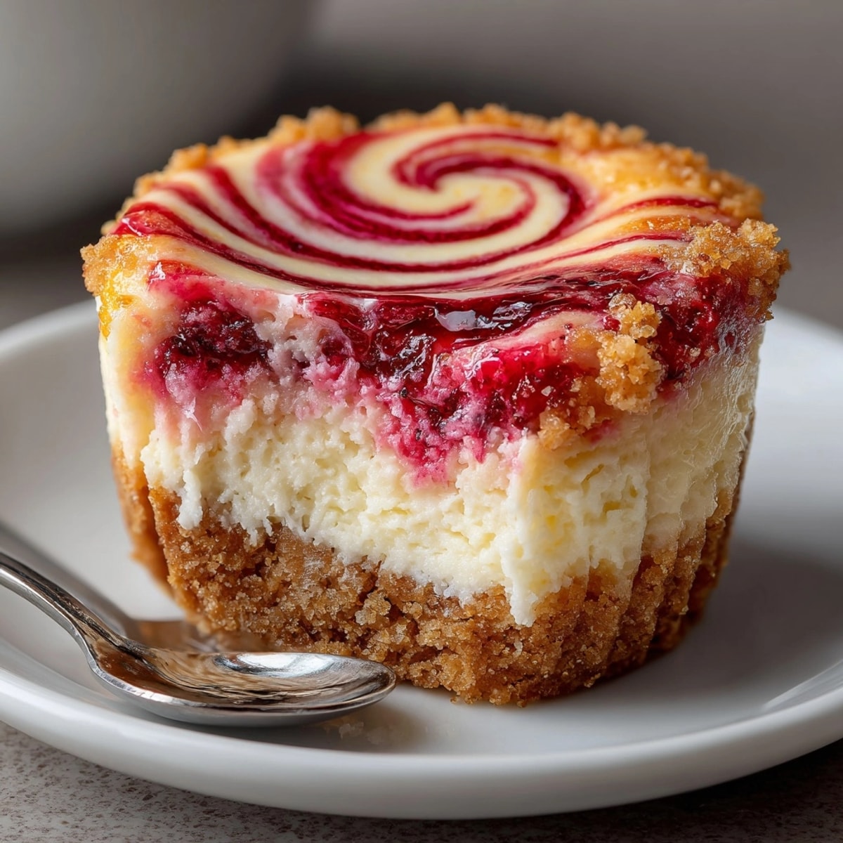 Vibrant Cherry-Coded Cranberry Swirl Cheesecake Bites boast a beautiful, swirled pattern and creamy texture.