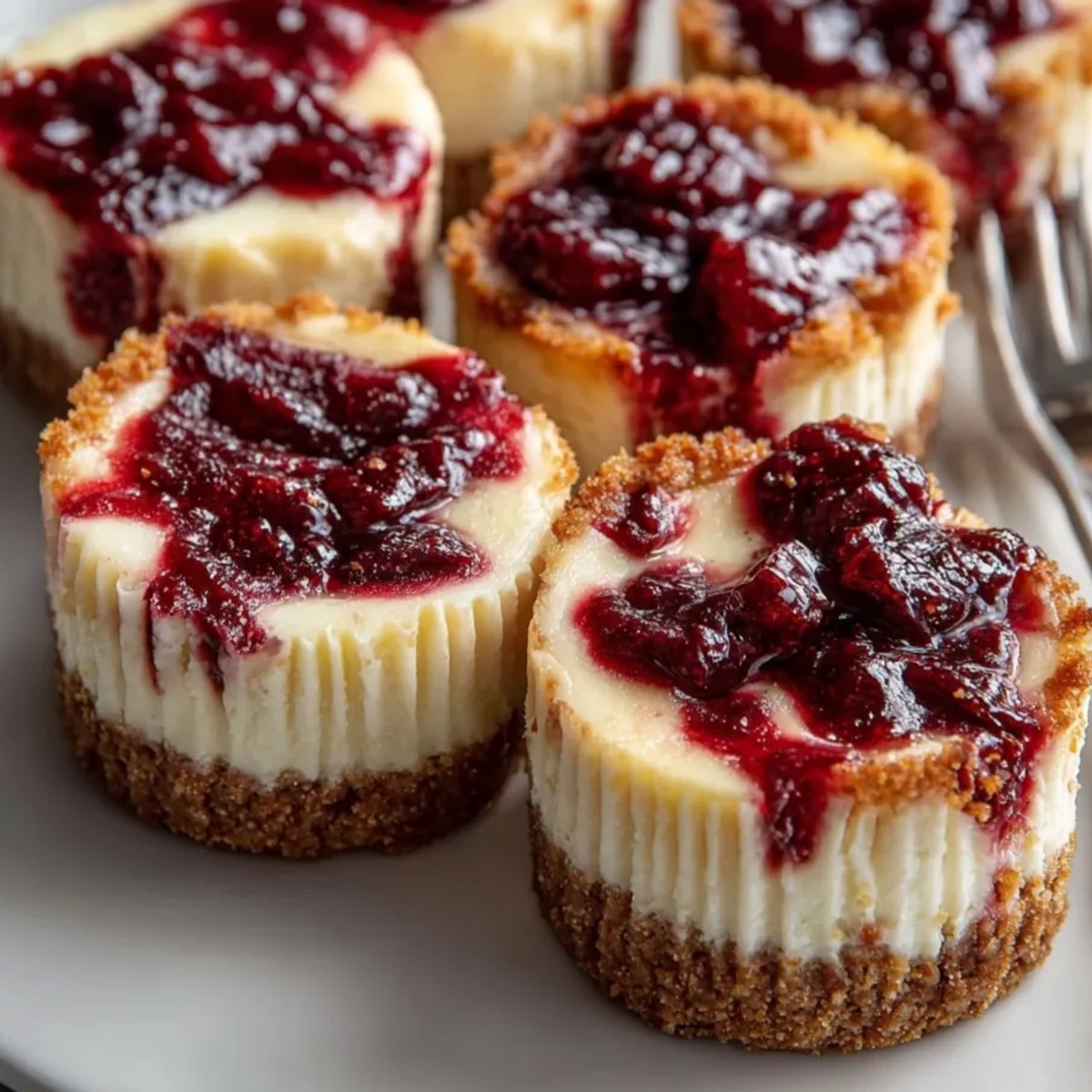 Small, perfect Cherry-Coded Cranberry Swirl Cheesecake Bites are served chilled, ready for the perfect dessert bite.
