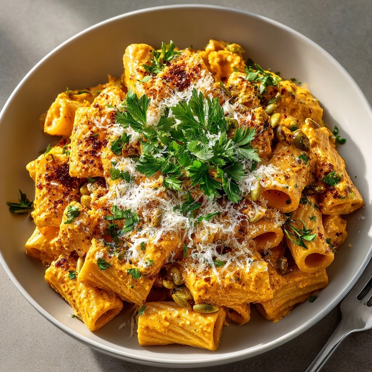 Spiced Pumpkin Cream Cheese Pasta, plated beautifully, ready to savor autumn flavors with a creamy sauce.