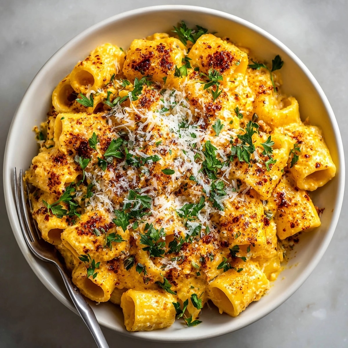 A close-up of Spiced Pumpkin Cream Cheese Pasta, showing tender penne coated in a rich, spiced sauce.
