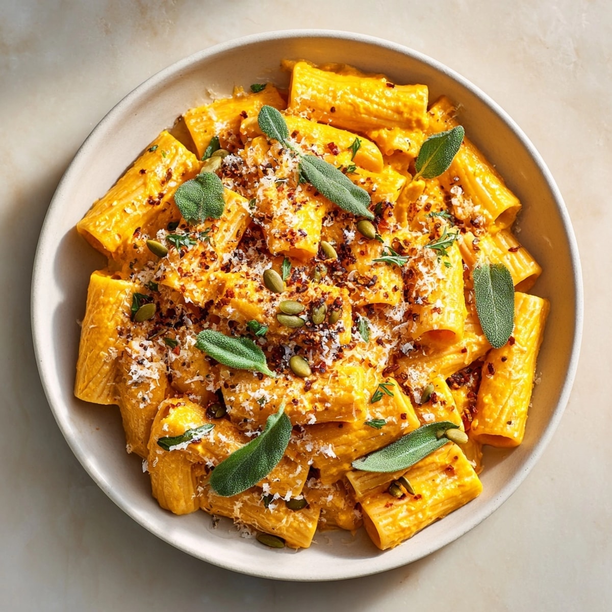 Warm and comforting Spiced Pumpkin Cream Cheese Pasta with fresh herbs and Parmesan cheese, a perfect meal.
