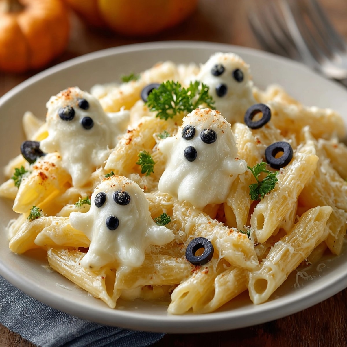 A delicious bowl of Halloween Ghostly White Sauce Pasta with creamy, white sauce and cute ghost faces.