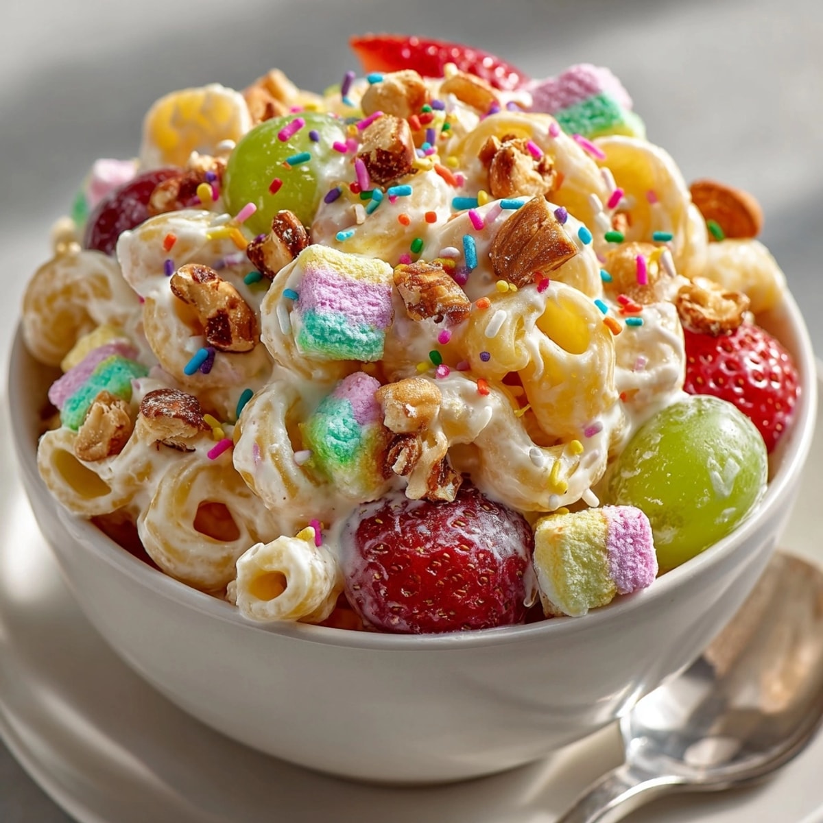 Rebel Float Cotton Candy Pasta Salad: A colorful and sweet party salad with fresh fruit and creamy dressing.