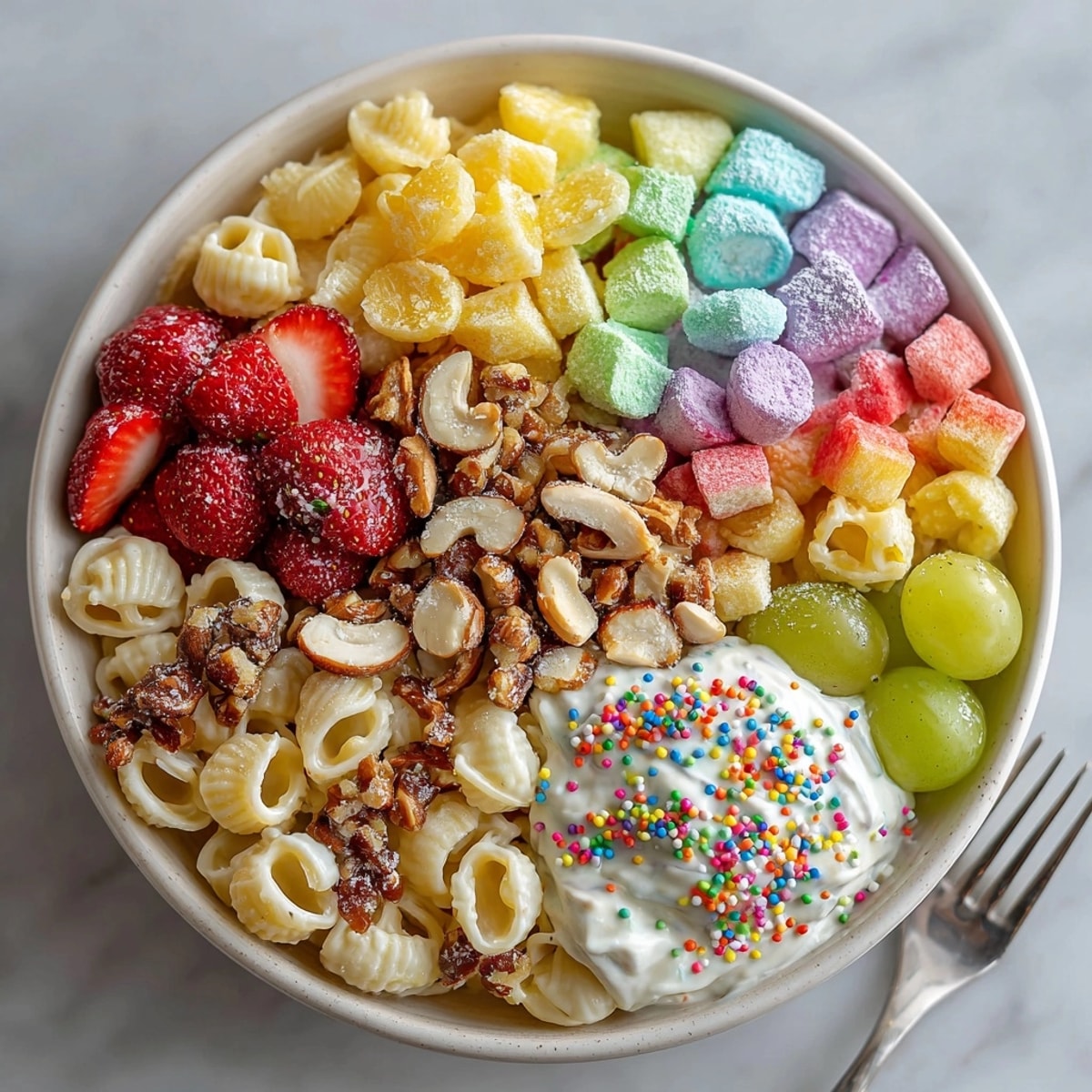 Delicious Rebel Float Cotton Candy Pasta Salad: A fun, whimsical American salad with pasta, fruit, and a sweet, creamy dressing.