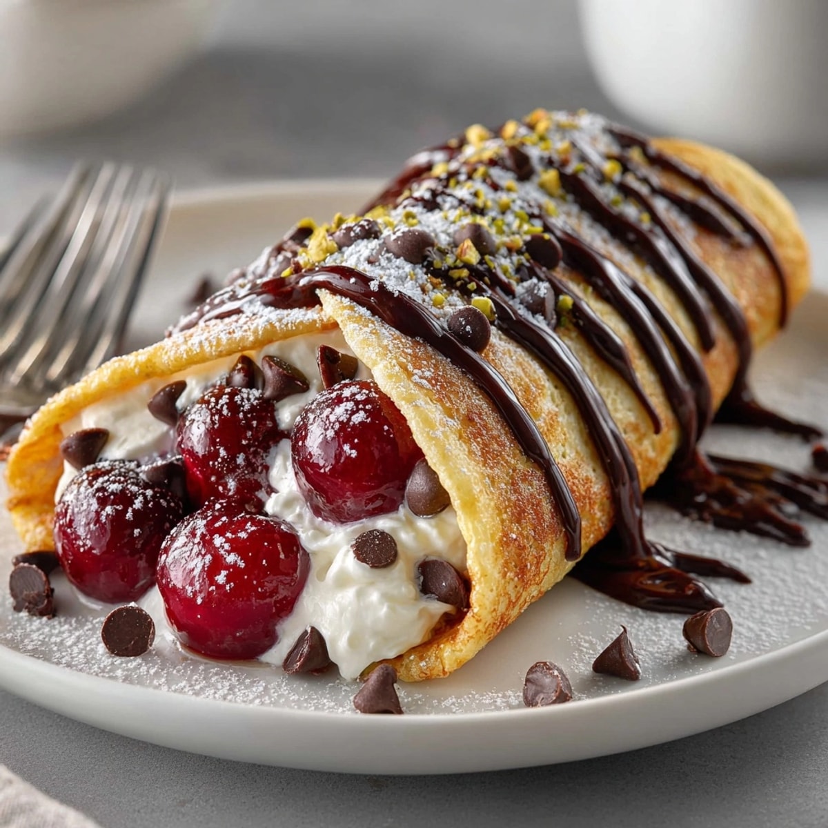 Warm cherry chocolate drizzle dessert wraps, ready to serve with glistening chocolate and nuts.