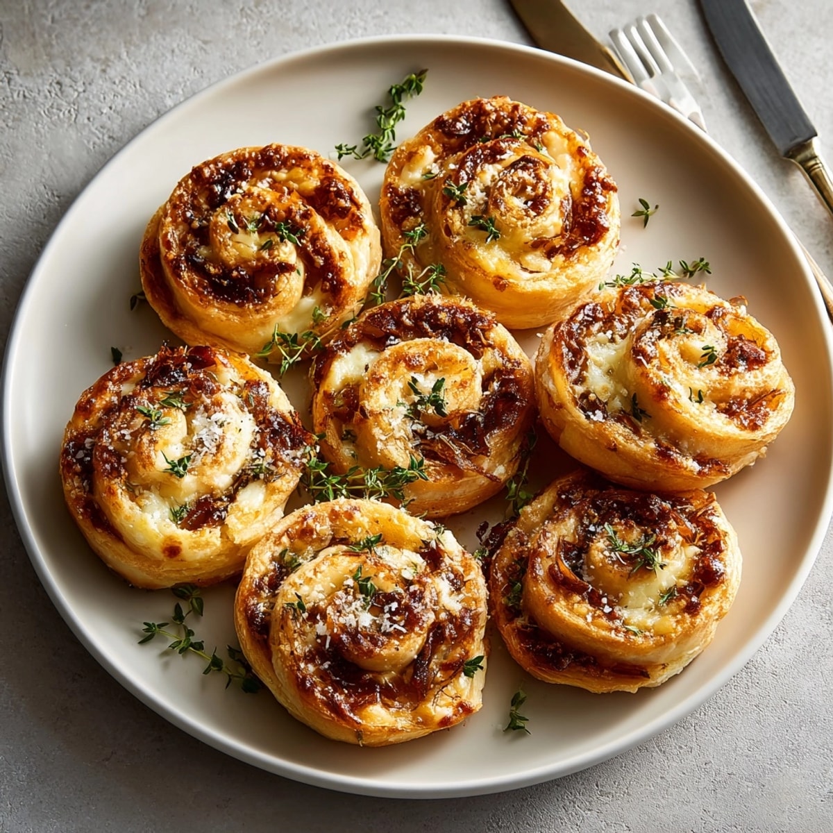 A photo of savory Caramelized Onion Grilled Cheese Spirals featuring golden pastry and melty cheese, delicious visual food.