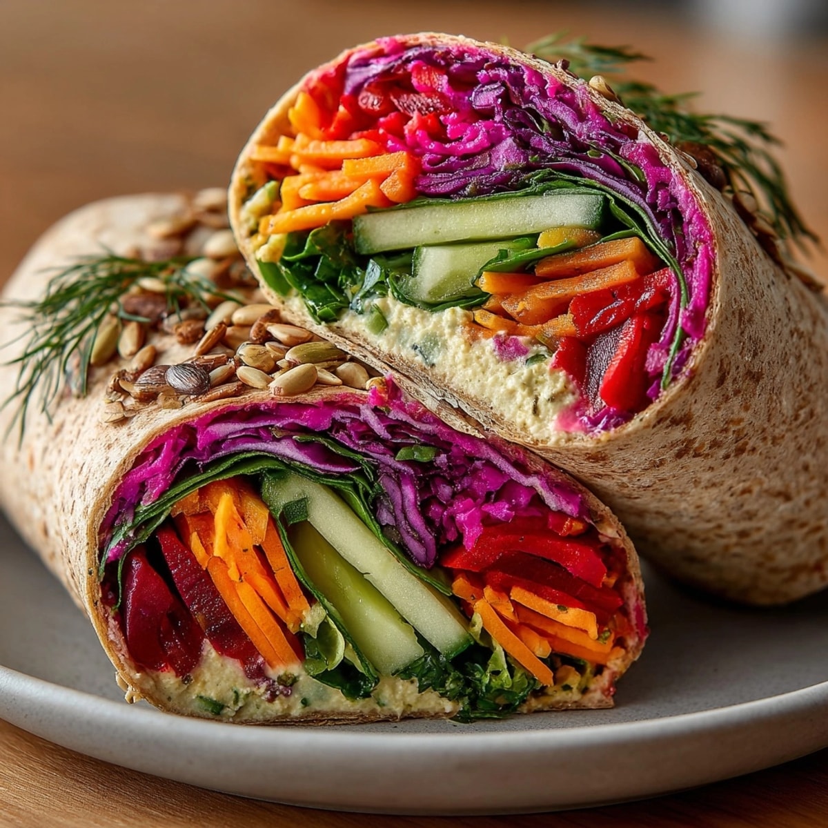 Vibrant Pink Pickle Crunch veggie wraps filled with colorful vegetables and tangy pickled onions.