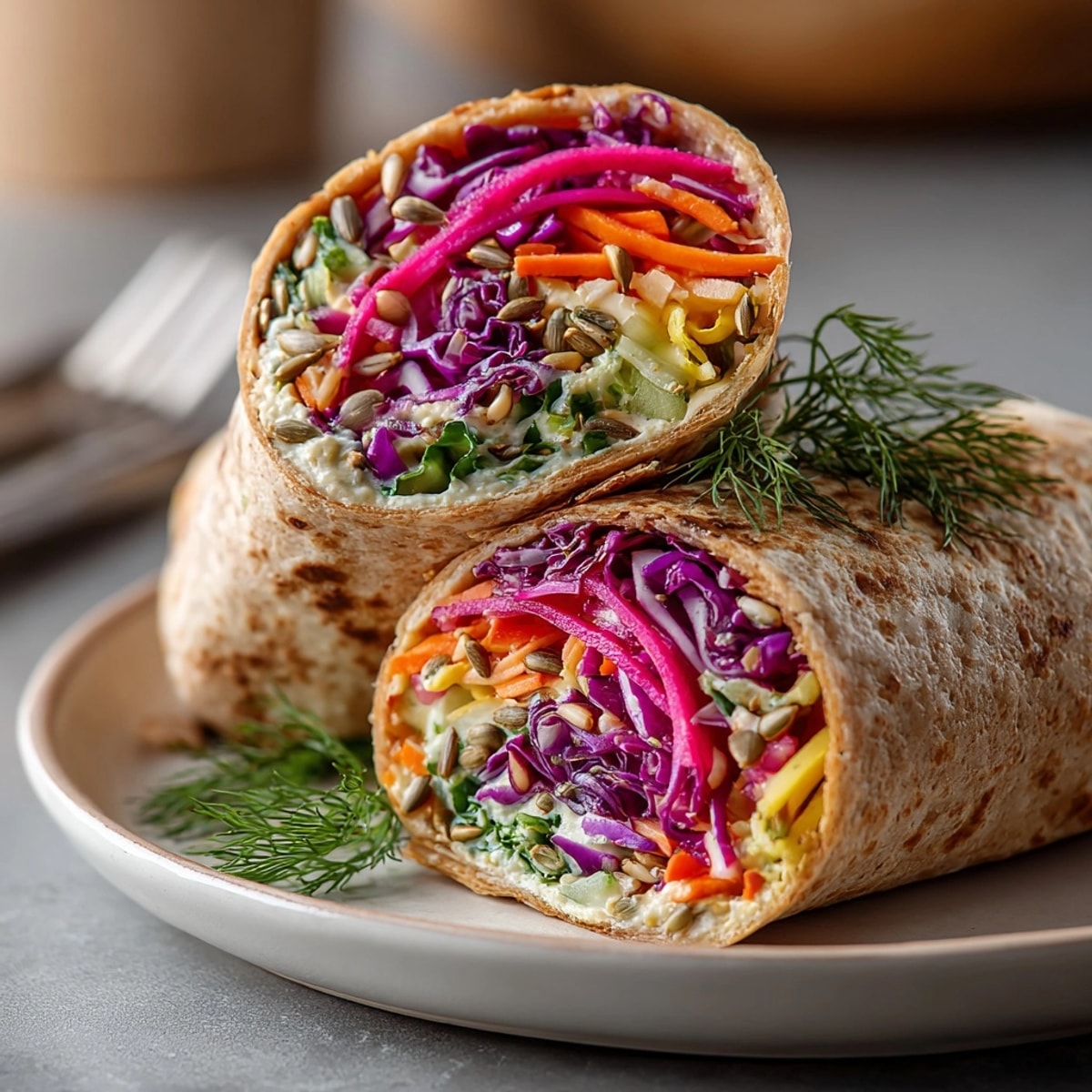 Freshly assembled Pink Pickle Crunch veggie wraps, ready to eat for a flavorful, healthy lunch.