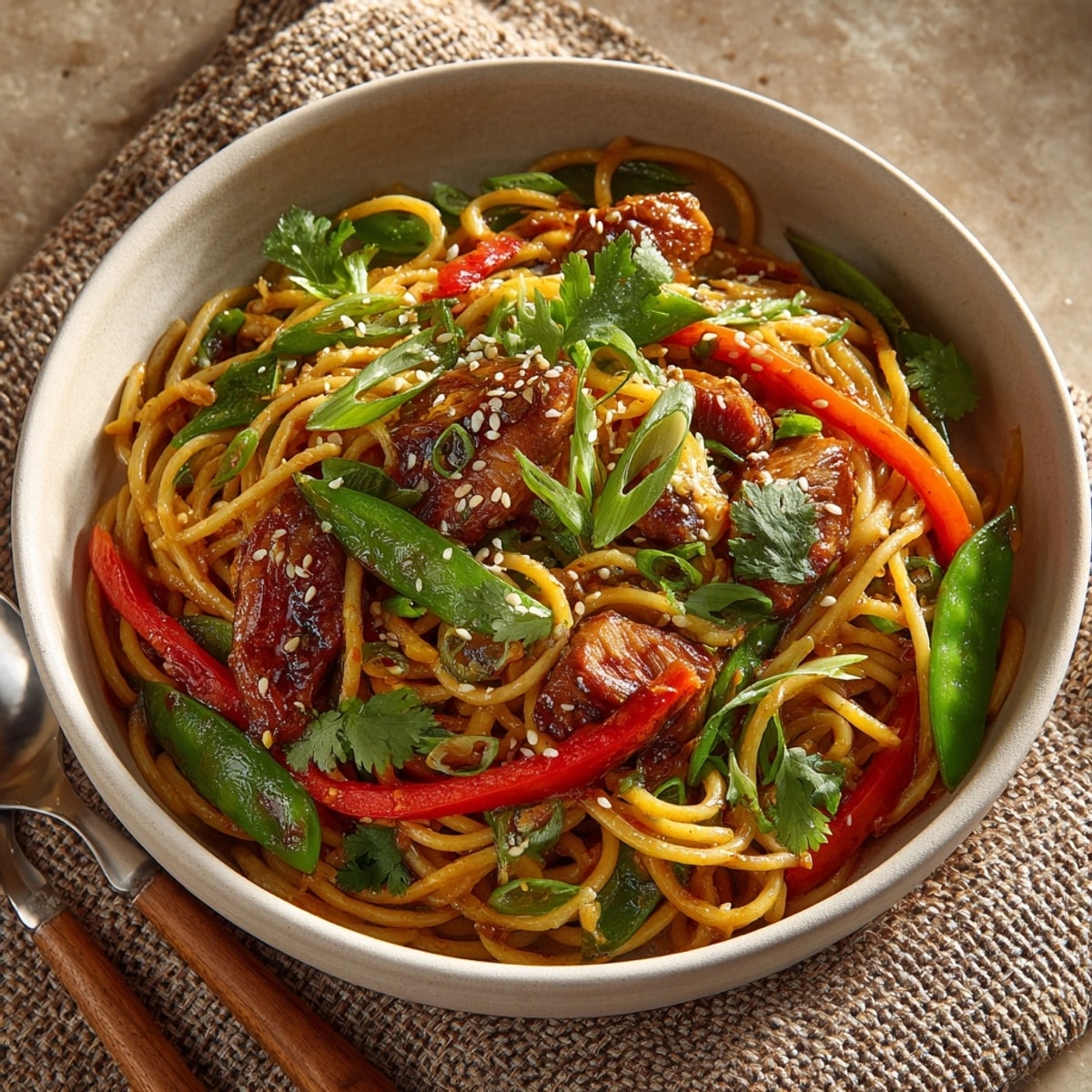 Vibrant Miso Maple Chicken Pasta Bowls featuring a mix of vegetables and glazed chicken, ready to enjoy.