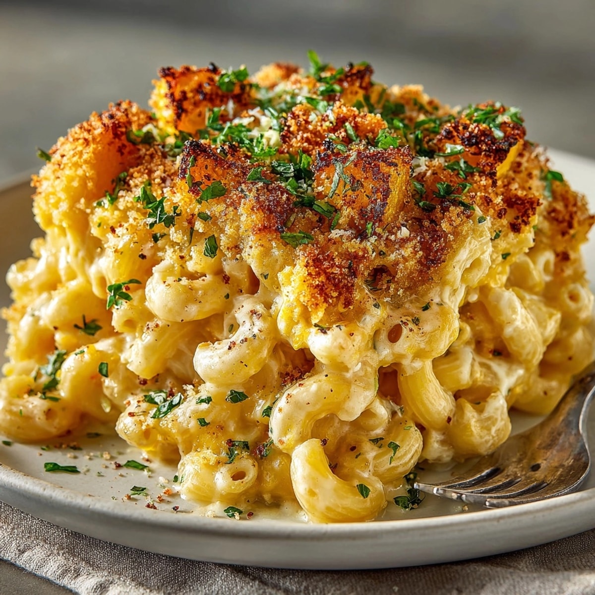 Golden, bubbly roasted garlic pumpkin mac & cheese, a delicious vegetarian comfort food dish.