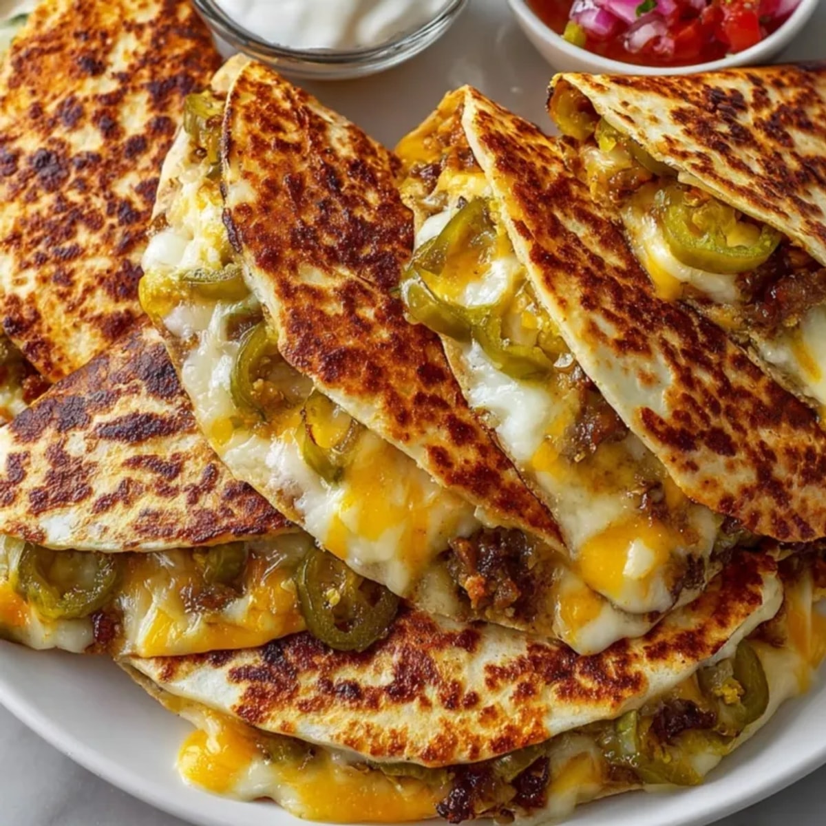 Golden, cheesy Jalapeño Pickle Quesadilla Wraps, bursting with melted cheese and spicy jalapeños ready to eat.