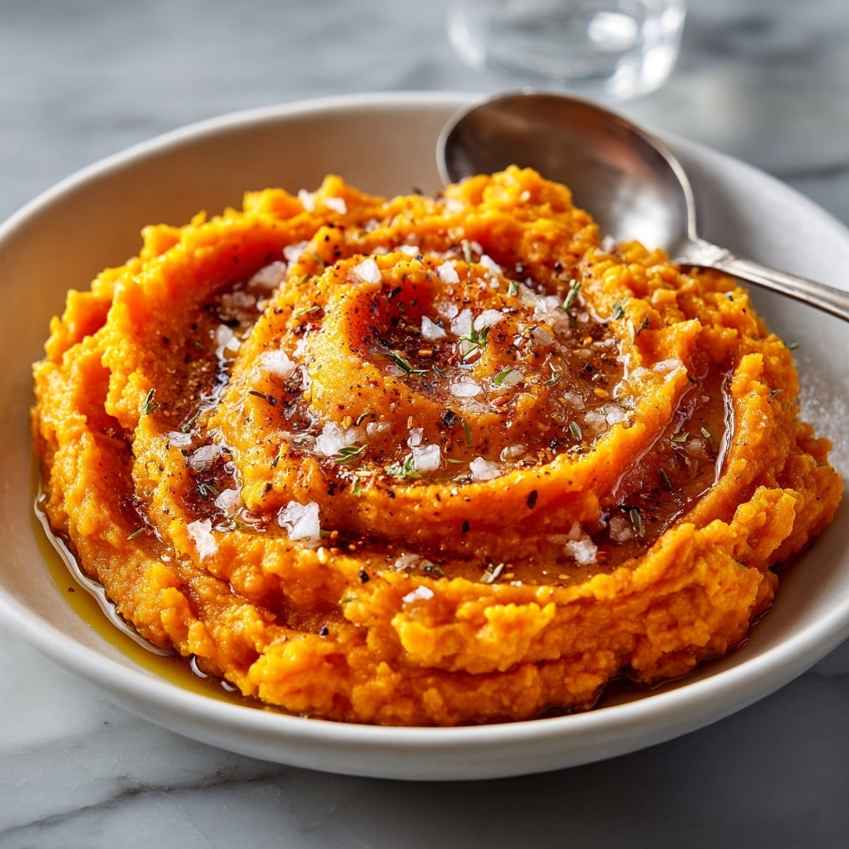 A close-up of a steaming bowl of creamy Brown Butter Mashed Sweet Potatoes, ready to eat.