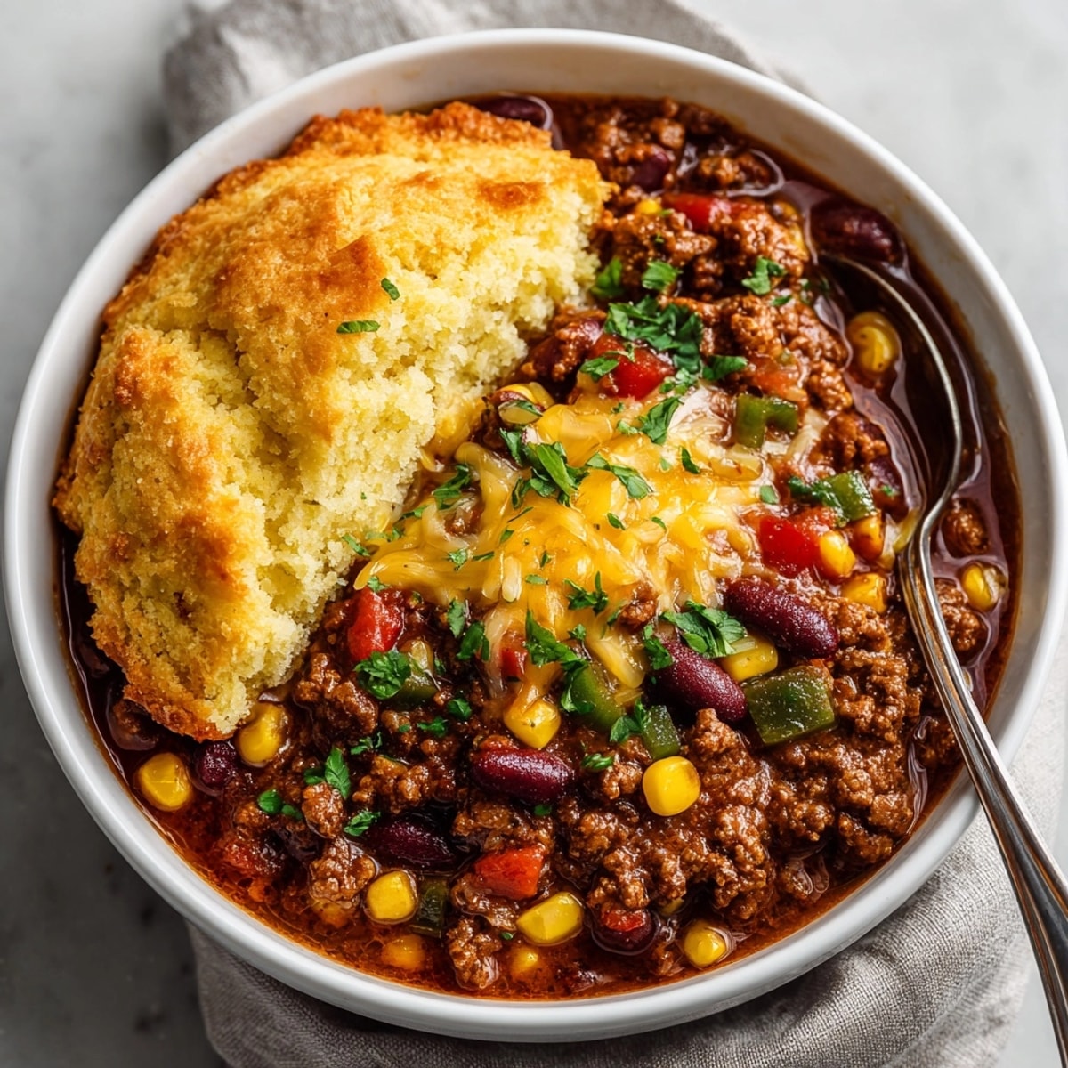 Close-up of rich, hearty taco soup, topped with a baked, cheesy cornbread, delicious!