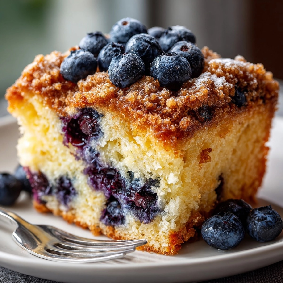 Fresh blueberry streusel coffee cake, warm from the oven, with a perfect crumb topping and juicy berries.