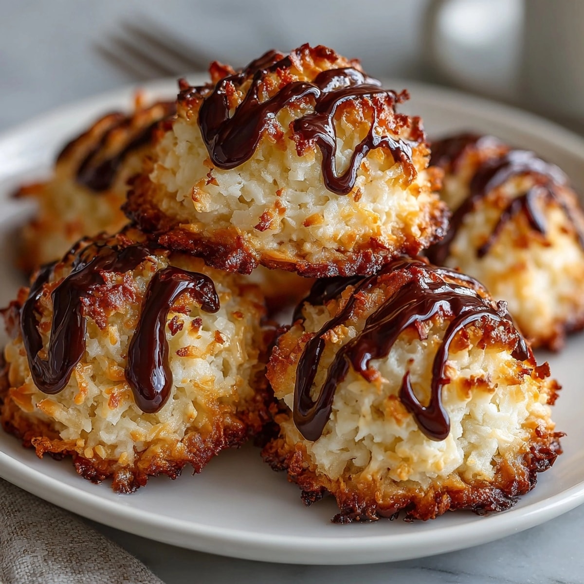 Golden-brown Coconut Macaroon Cookies cooling on a wire rack, ready for dipping in chocolate.